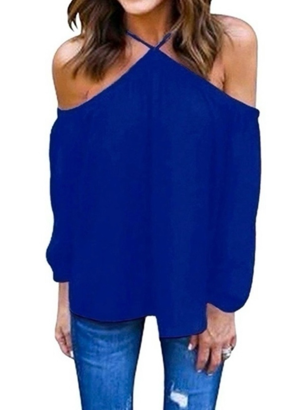 Cold-Shoulder Halter Neck Chiffon Blouse - Royal Blue